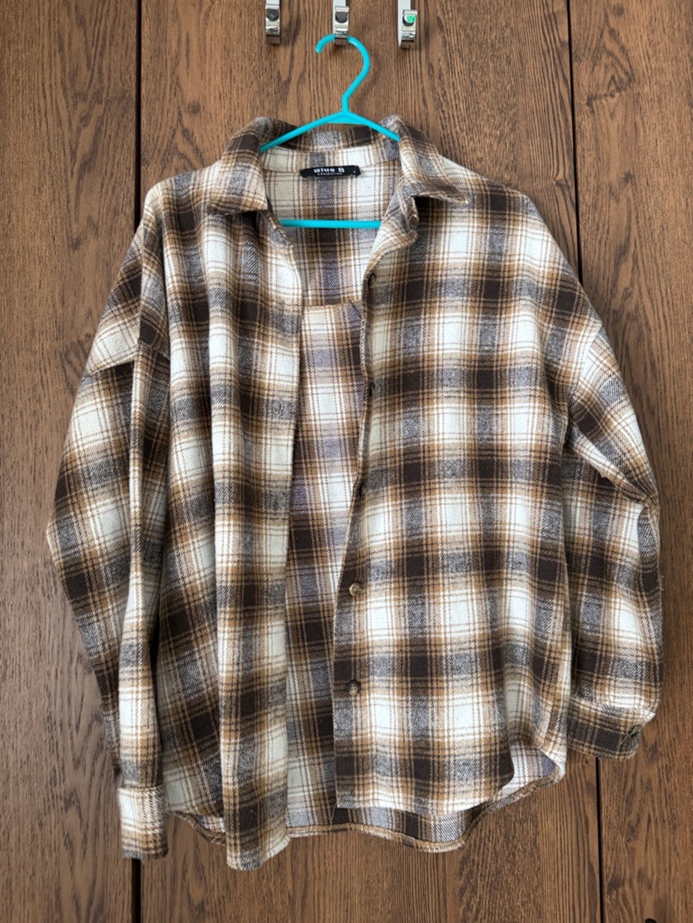 Plaid Button-Up Shirt Jacket in Cream and Brown